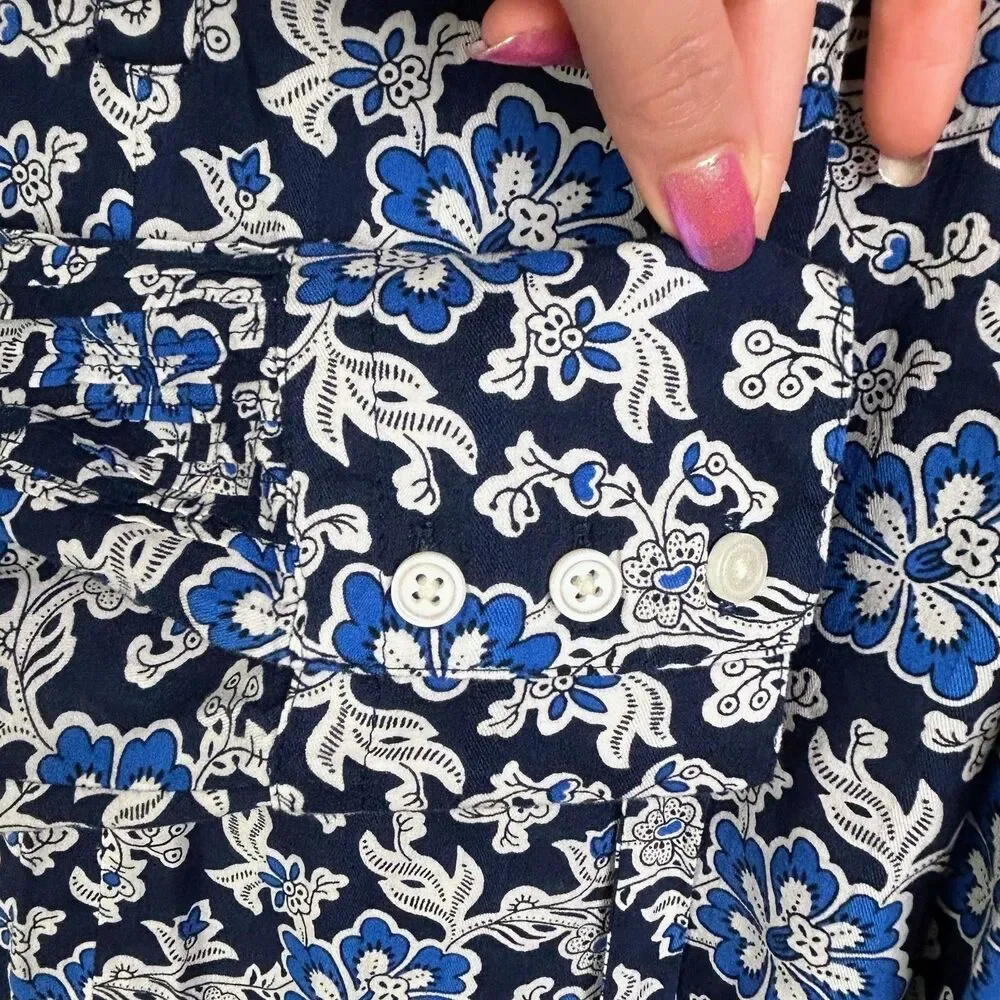 J.Crew V Neck Tie Top Floral Cotton Blend Dobby Blue Floral Long Puff Sleeve M